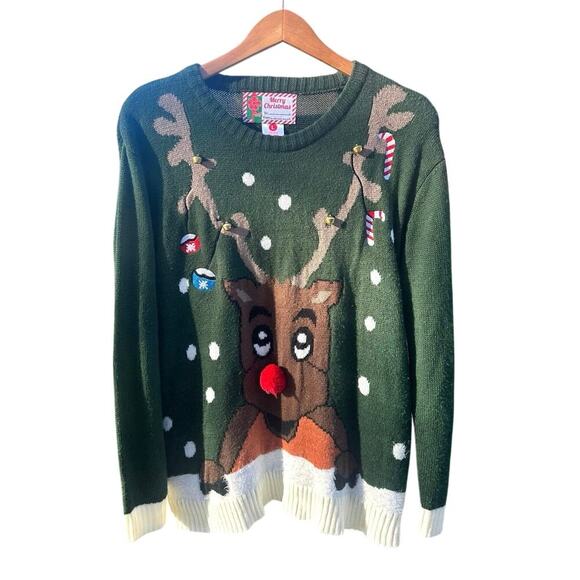 Merry Christmas Rudolph The Red Nose Reindeer Ugly Christmas Bells Sweater Large - Picture 1 of 10